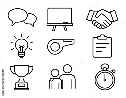 Mentoring Icons Grid. Outline icon set of mentoring and coaching: speech bubbles, chalkboard, handshake, light