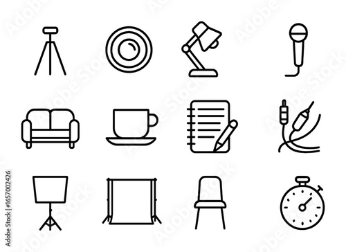 Interview Setup Icons. Outline icon set of interview setup: tripod, camera lens, desk lamp, mic stand,