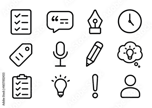 Interview Icon Set. Outline icon set of interview questions: checklist, quote bubble, pen tip, clock, keyword