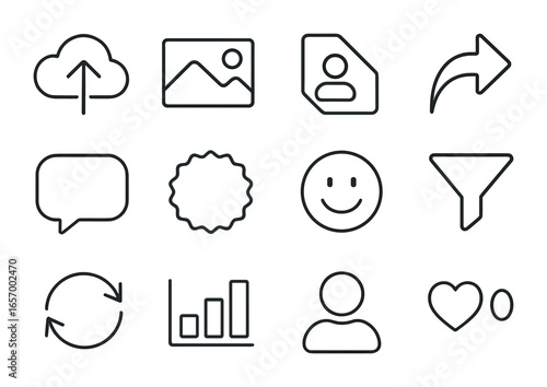 GIF Icons Grid. Outline icon set of user-generated GIFs: upload icon, photo frame, personal tag, share arrow,