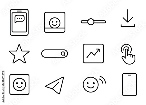 Mobile Sticker Icons Grid. Outline icon set of mobile sticker usage: messaging app, sticker tab, swipe bar,