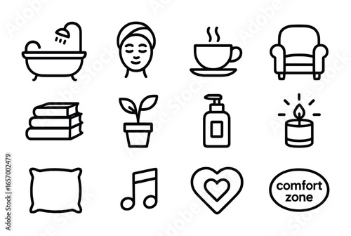 Self-Care Icon Set. Outline icon set of self-care for sober living: bath icon, face mask, tea cup, cozy chair,