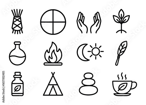 Traditional Medicine Icons. Outline icon set of traditional medicine: herb bundle, medicine wheel, healer