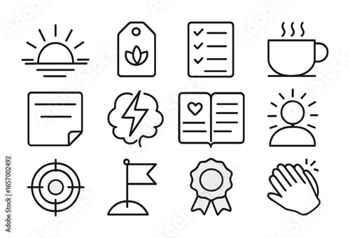 Daily Motivation Icons. Outline icon set of daily motivation: sunrise icon, mantra tag, checklist, coffee cup,