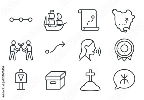 Indigenous History Icon Set. Outline icon set of indigenous history: timeline icon, explorer ship, treaty
