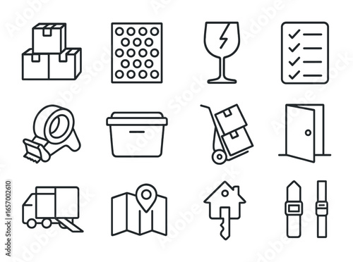 Home Relocation Icons. Outline icon set of home relocation: moving boxes, bubble wrap, fragile label,