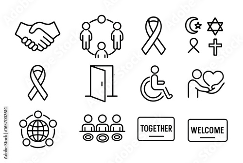 Inclusive Community Icons. Outline icon set of inclusive community: handshake, group circle, cultural symbols,