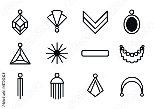 Art Deco Jewelry Icons. Outline icon set of art deco jewelry design: geometric pendant, fan shape, chevron