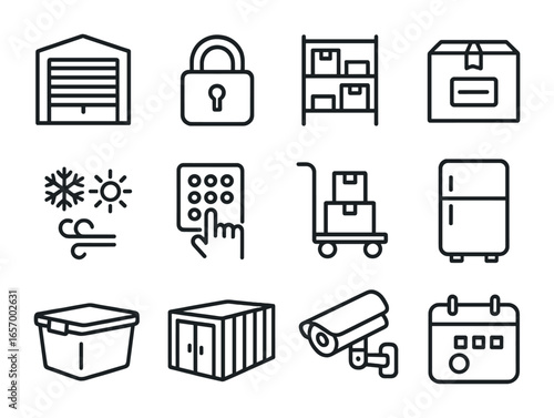 Storage Solutions Icons. Outline icon set of storage solutions during move: storage unit, padlock, shelving