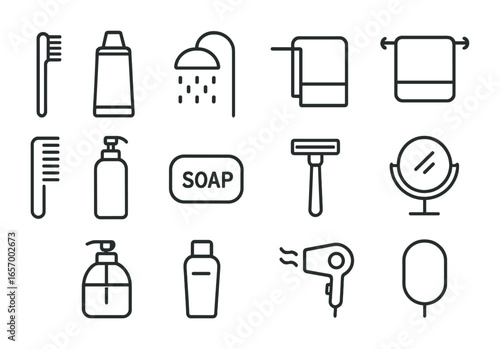 Hygiene Icons Set. Outline icon set of daily hygiene routine: toothbrush, toothpaste, showerhead, towel, comb,