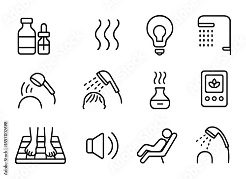 Spa Shower Icons. Outline icon set of spa and wellness shower features: essential oils icon, steam vent, mood