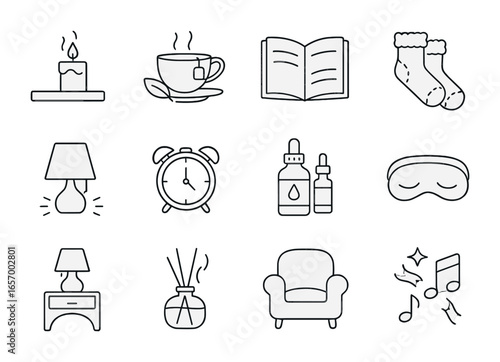 Night Routine Icons. Outline icon set of relaxing night routine: candle on shelf, bedtime tea, open book,