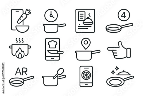 AR Cooking Icons. Outline icon set of AR in cooking: ingredient overlay, timer projection, virtual recipe,