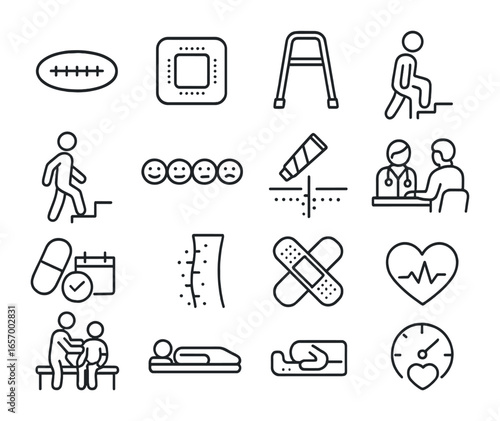 Post-Surgery Recovery Icons. Outline icon set of post-surgery recovery: incision care, wound dressing,