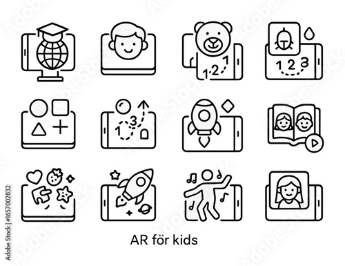AR Icons for Kids. Outline icon set of AR for kids: educational overlay, cartoon filter, animal facts, shape