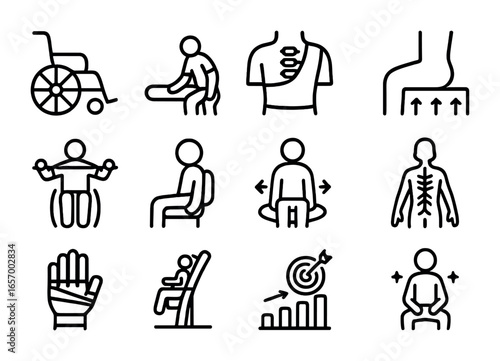 Spinal Rehab Icon Set. Outline icon set of spinal cord injury therapy: wheelchair, transfer board, spinal