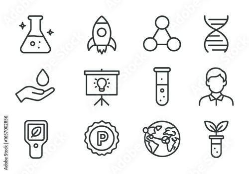 Alt-Protein Startup Icons. Outline icon set of alt-protein startups: innovation flask, startup rocket, pea