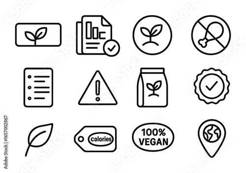 Vegan Icon Set. Outline icon set of meat analog labeling: plant-based label, nutrition chart, protein marker,