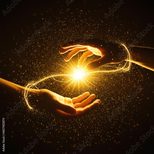 Hands with glowing energy transfer
