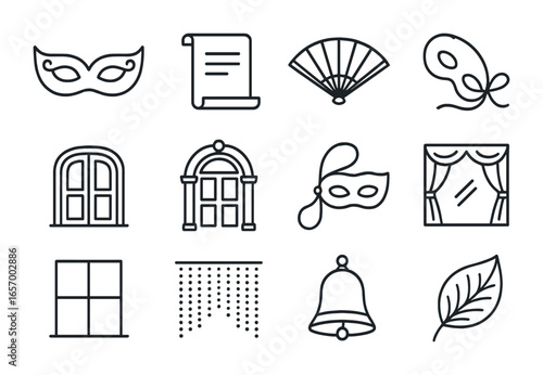 Masquerade Icon Set. Outline icon set of classic masquerade elements: Roman mask, scroll invitation, opera fan