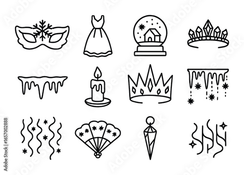 Winter Masquerade Icons. Outline icon set of winter masquerade themes: snowflake mask, icy blue dress, snow