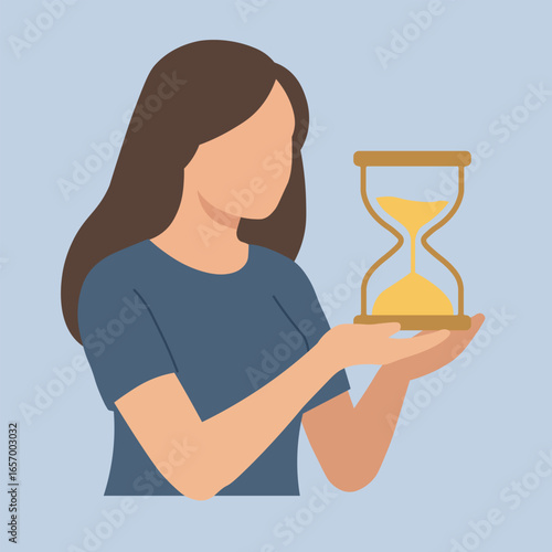 Woman Holding Hourglass – Time Management Concept Flat Illustration