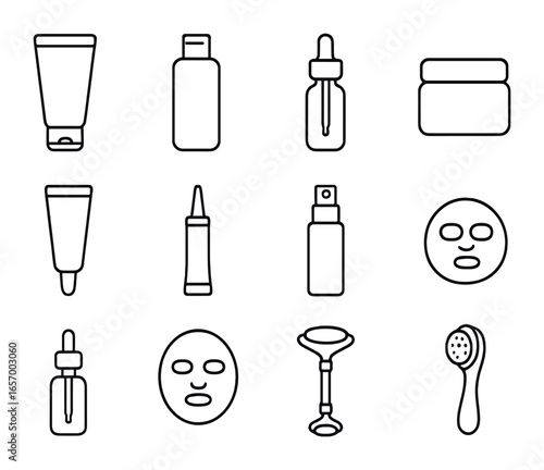 Skincare Icons Grid. Outline icon set of daily skincare products: face cleanser, toner bottle, serum dropper,