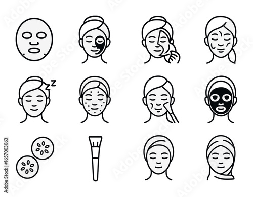 Facial Masks Icons. Outline icon set of facial masks: sheet mask, clay mask, peel-off mask, cream mask,