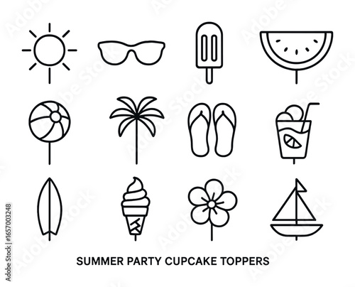 Summer Party Icons. Outline icon set of summer party cupcake toppers: sun, sunglasses, popsicle, watermelon