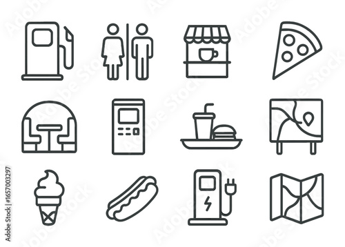 Travel Plaza Icons. Outline icon set of travel plaza amenities: gas pump, restroom sign, coffee kiosk, pizza