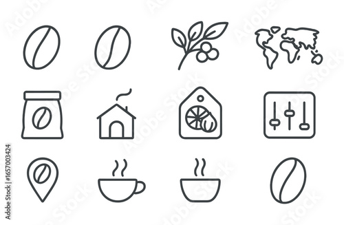 Coffee Icons Grid. Outline icon set of coffee beans and origins: Arabica bean, Robusta bean, coffee branch,