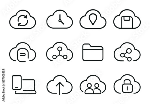 Cloud Productivity Icons. Outline icon set of cloud-based productivity: sync cloud, real-time update, access