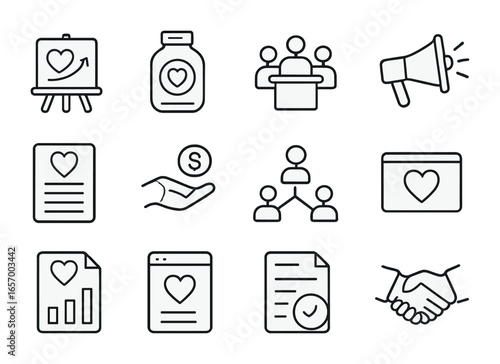 Nonprofit Tools Icons. Outline icon set of nonprofit organization tools: mission board, donation jar, team