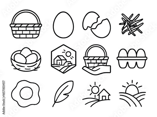 Egg Basket Icons. Outline icon set of egg basket: wicker basket, brown egg, white egg, cracked egg, straw