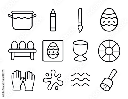 Easter Egg Decorating Icons. Outline icon set of egg dyeing and painting: dye pot, wax pencil, paintbrush,