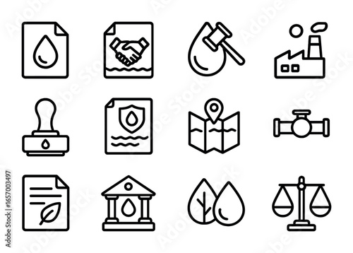 Water Law Icon Set. Outline icon set of water law and conservation policy: water rights file, river agreement,