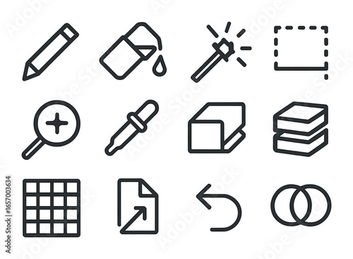Pixel Tool Icons. Outline icon set of pixel editing tools: pencil tool, fill bucket, magic wand, selection box