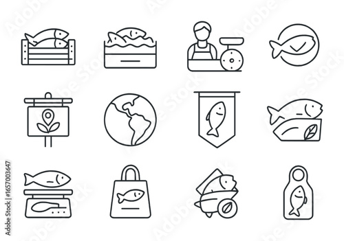 Sustainable Seafood Icons. Outline icon set of seafood market sustainability: fish crate, iced display, seller