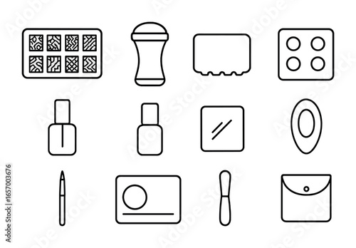 Nail Art Tools. Outline icon set of nail stamping tools: stamping plate, silicone stamper, scraper card,