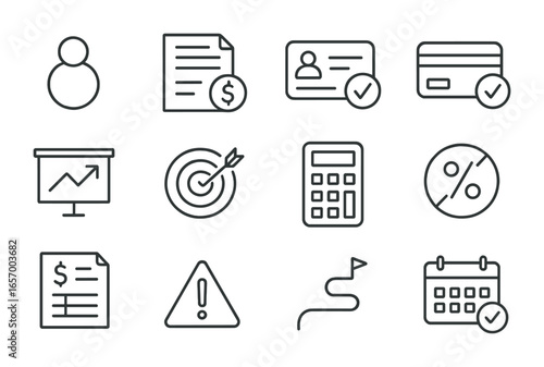 Debt Strategy Icons. Outline icon set of debt reduction strategies: debt snowball, payment plan, loan icon,