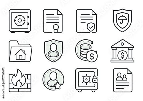 Wealth Security Icons. Outline icon set of wealth protection strategies: safe lock, legal contract, trust