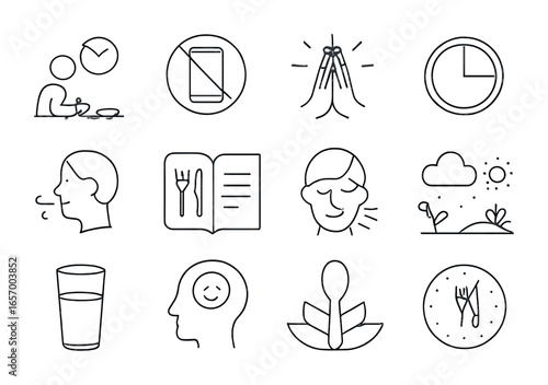 Mindful Eating Icons. Outline icon set of mindful eating habits: slow eating icon, no phone sign, gratitude