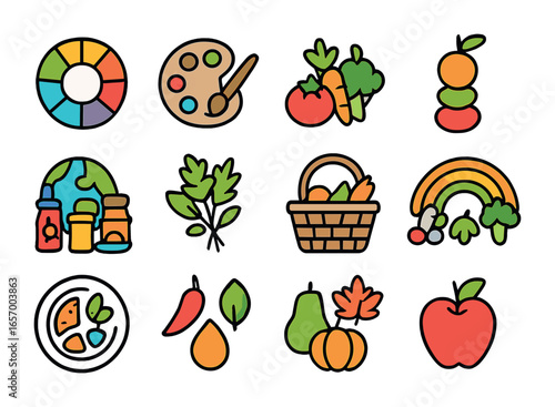 Vibrant Food Icon Set. Outline icon set of vibrant food variety: color wheel, food palette, mixed veggies,
