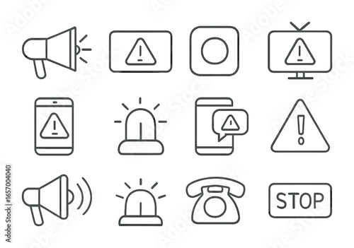 Emergency Icon Set. Outline icon set of emergency alert systems: alert horn, warning message, panic button,