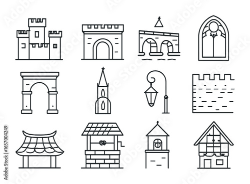 Historical Architecture Icons. Outline icon set of historical architecture: castle, fortress gate, stone