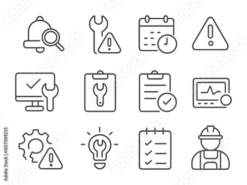 Maintenance Icon Set. Outline icon set of maintenance alarm systems: inspection bell, alert wrench, scheduled