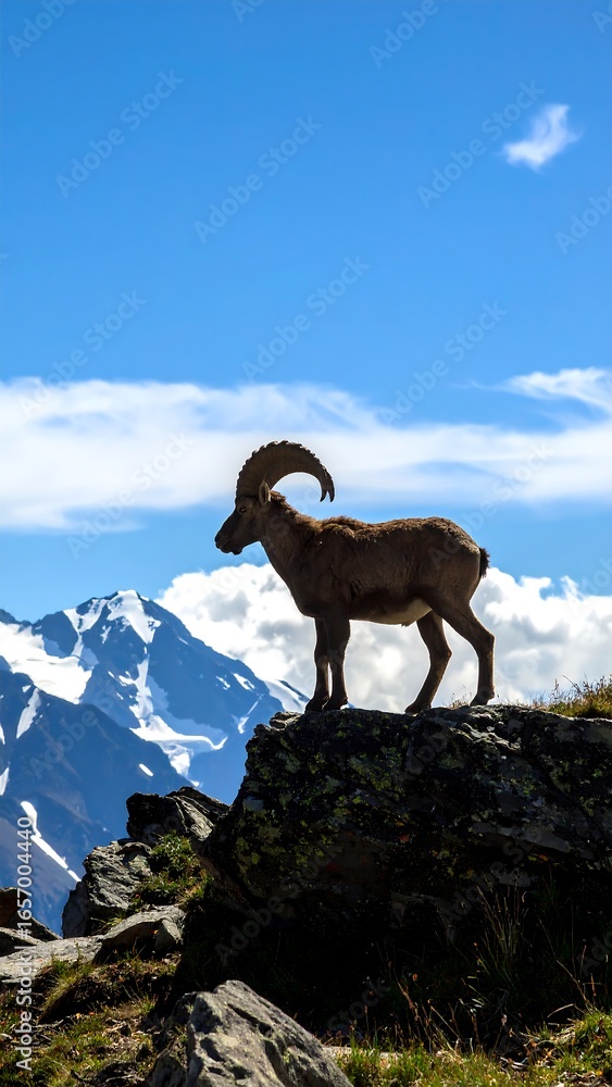 Naklejka premium Mountain goat silhouette against a vibrant blue sky