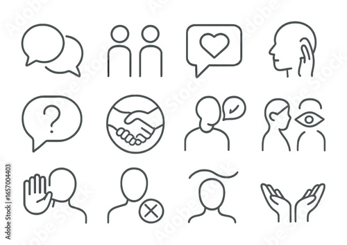 Safe Communication Icons. Outline icon set of safe communication: open talk icon, neutral space, speech heart,
