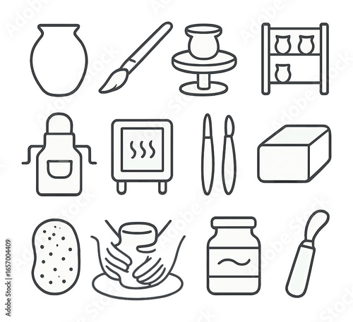 Pottery Studio Icons. Outline icon set of pottery studio work: ceramic pot, glaze brush, spinning wheel,