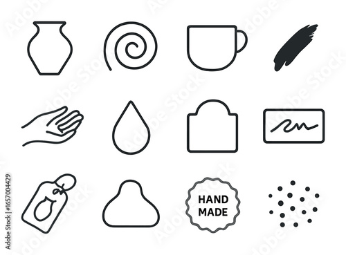 Pottery Icon Set. Outline icon set of pottery-themed branding: pottery logo, clay swirl, minimalist cup, brush